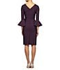 Color:Aubergine - Image 2 - Round Neck 3/4 Bell Sleeve Embellished Brooch Cascade Ruffle Compression Scuba Crepe Sheath Dress