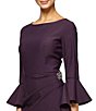 Color:Aubergine - Image 3 - Round Neck 3/4 Bell Sleeve Embellished Brooch Cascade Ruffle Compression Scuba Crepe Sheath Dress