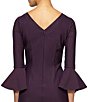 Color:Aubergine - Image 4 - Round Neck 3/4 Bell Sleeve Embellished Brooch Cascade Ruffle Compression Scuba Crepe Sheath Dress
