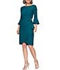 Color:Deep Teal - Image 1 - Round Neck 3/4 Bell Sleeve Embellished Brooch Cascade Ruffle Compression Scuba Crepe Sheath Dress