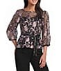 Alex Evenings Boat Neck 3/4 Illusion Sleeve Tie Sash Belt Embroidered Stretch Tulle Blouse - Image 1