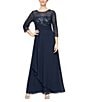 Alex Evenings Boat Neck 3/4 Sleeve Embroidered Bodice Asymmetrical Cascade Skirt Stretch Tulle A Line Gown, Color:Navy - Image 1
