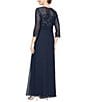 Alex Evenings Boat Neck 3/4 Sleeve Embroidered Bodice Asymmetrical Cascade Skirt Stretch Tulle A Line Gown, Color:Navy - Image 2