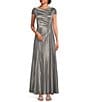 Color:Smoke - Image 1 - Cap Sleeve Cowl Neck Metallic Knit A-Line Gown