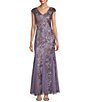 Color:Icy Orchid - Image 1 - Embroidered Floral Lace Print Illusion V-Neck Capelet Cap Sleeve Godet Hem Gown