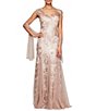 Color:Rose Gold - Image 1 - Embroidered Floral Lace Print Illusion V-Neck Capelet Cap Sleeve Godet Hem Gown