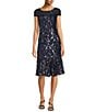 Color:Navy/Pink - Image 1 - Short Sleeve Scoop Neck Sequin Flounce Hem Midi Fit and Flare Dress