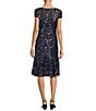 Color:Navy/Pink - Image 2 - Short Sleeve Scoop Neck Sequin Flounce Hem Midi Fit and Flare Dress