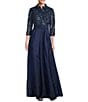 Alex Evenings Collared V Neck 3/4 Sleeve Belted A Line Stretch Tulle Gown, Color:Navy - Image 1