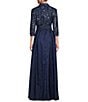 Alex Evenings Collared V Neck 3/4 Sleeve Belted A Line Stretch Tulle Gown, Color:Navy - Image 2