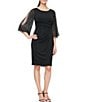 Color:Black - Image 1 - Embellished Illusion Ruffle 3/4 Sleeve Round Neck Sheath Dress