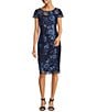 Color:Navy - Image 1 - Embroidered Cap Sleeve Crew Neck Sheath Dress
