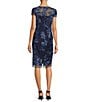 Color:Navy - Image 2 - Embroidered Cap Sleeve Crew Neck Sheath Dress