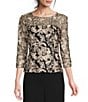 Color:Black/Taupe - Image 1 - Illusion Crew Neck 3/4 Sleeve Embroidered Floral Lace Top
