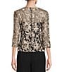 Color:Black/Taupe - Image 2 - Illusion Crew Neck 3/4 Sleeve Embroidered Floral Lace Top