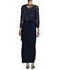 Color:Navy - Image 2 - Embroidered Floral Lace 2-Piece Scoop Neck 3/4 Sleeve Slit 2-Piece Jacket Dress