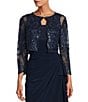 Color:Navy - Image 6 - Embroidered Floral Lace 2-Piece Scoop Neck 3/4 Sleeve Slit 2-Piece Jacket Dress