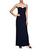 Color:Navy/Nude - Image 1 - Embroidered Floral Illusion Round Neck Sleeveless Cascade Side Ruched Long Jersey Gown