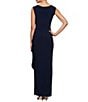 Color:Navy/Nude - Image 2 - Embroidered Floral Illusion Round Neck Sleeveless Cascade Side Ruched Long Jersey Gown