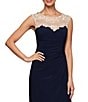 Color:Navy/Nude - Image 3 - Embroidered Floral Illusion Round Neck Sleeveless Cascade Side Ruched Long Jersey Gown