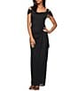 Alex Evenings Exposed Shoulder Draped Neck Cap Sleeve Ruched Waterfall Hem Mesh Gown - Image 4