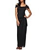 Color:Black - Image 1 - Exposed Shoulder Draped Neck Cap Sleeve Ruched Waterfall Hem Mesh Gown