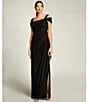 Color:Black - Image 6 - Exposed Shoulder Draped Neck Cap Sleeve Ruched Waterfall Hem Mesh Gown
