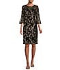 Color:Black/Copper - Image 1 - Floral Embroidered Sequin Lace Illusion Round Neck 3/4 Bell Sleeve Sheath Dress