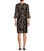 Color:Black/Copper - Image 2 - Floral Embroidered Sequin Lace Illusion Round Neck 3/4 Bell Sleeve Sheath Dress