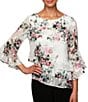Color:Ivory/Pink - Image 1 - Floral Print 3/4 Sleeve Tiered Hem Chiffon Blouse