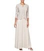 Color:Taupe - Image 1 - Glitter Lace 3/4 Sleeve Square Neck Scallop Hem Bodice 2-Piece Jacket Gown