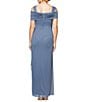 Alex Evenings Glitter Mesh Cowl Neck Cold Shoulder Cap Sleeve Side Slit Ruched Gown, Color:Dusty Blue - Image 2