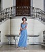 Alex Evenings Glitter Mesh Cowl Neck Cold Shoulder Cap Sleeve Side Slit Ruched Gown, Color:Dusty Blue - Image 5