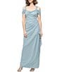 Alex Evenings Glitter Mesh Cowl Neck Cold Shoulder Cap Sleeve Side Slit Ruched Gown - Image 1