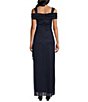 Color:Dark Navy - Image 2 - Glitter Mesh Cowl Neck Cold Shoulder Cap Sleeve Side Slit Ruched Gown