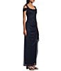 Alex Evenings Glitter Mesh Cowl Neck Cold Shoulder Cap Sleeve Side Slit Ruched Gown, Color:Dark Navy - Image 4