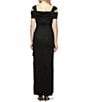Color:Black - Image 2 - Glitter Mesh Cowl Neck Cold Shoulder Cap Sleeve Side Slit Ruched Gown