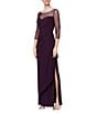 Alex Evenings Illusion Mesh 3/4 Sleeve Round Neck Side Slit Ruched Gown ...