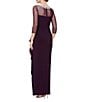 Alex Evenings Illusion Mesh 3/4 Sleeve Round Neck Side Slit Ruched Gown, Color:Eggplant - Image 2
