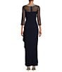 Alex Evenings Illusion Mesh 3/4 Sleeve Round Neck Side Slit Ruched Gown ...