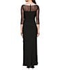 Color:Black - Image 2 - Illusion Mesh 3/4 Sleeve Round Neck Side Slit Ruched Gown