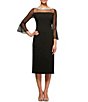 Color:Black - Image 1 - Illusion 3/4 Mesh Bell Sleeve Boat Neck Crepe Sheath Dress