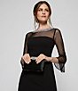 Color:Black - Image 6 - Illusion 3/4 Mesh Bell Sleeve Boat Neck Crepe Sheath Dress