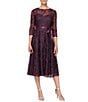 Color:Eggplant - Image 1 - Illusion Round Neck Ribbon Tie 3/4 Sleeve Embroidered Floral Lace Midi Dress