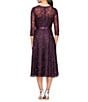 Color:Eggplant - Image 2 - Illusion Round Neck Ribbon Tie 3/4 Sleeve Embroidered Floral Lace Midi Dress