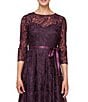 Color:Eggplant - Image 3 - Illusion Round Neck Ribbon Tie 3/4 Sleeve Embroidered Floral Lace Midi Dress