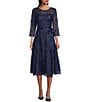 Color:Bright Navy - Image 1 - Illusion Round Neck Ribbon Tie 3/4 Sleeve Embroidered Floral Lace Midi Dress