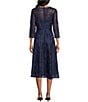Color:Bright Navy - Image 2 - Illusion Round Neck Ribbon Tie 3/4 Sleeve Embroidered Floral Lace Midi Dress