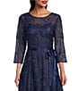 Color:Bright Navy - Image 3 - Illusion Round Neck Ribbon Tie 3/4 Sleeve Embroidered Floral Lace Midi Dress
