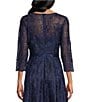 Color:Bright Navy - Image 4 - Illusion Round Neck Ribbon Tie 3/4 Sleeve Embroidered Floral Lace Midi Dress